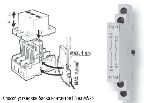 Блок контакты PS для автомата защиты двигателя MS 25